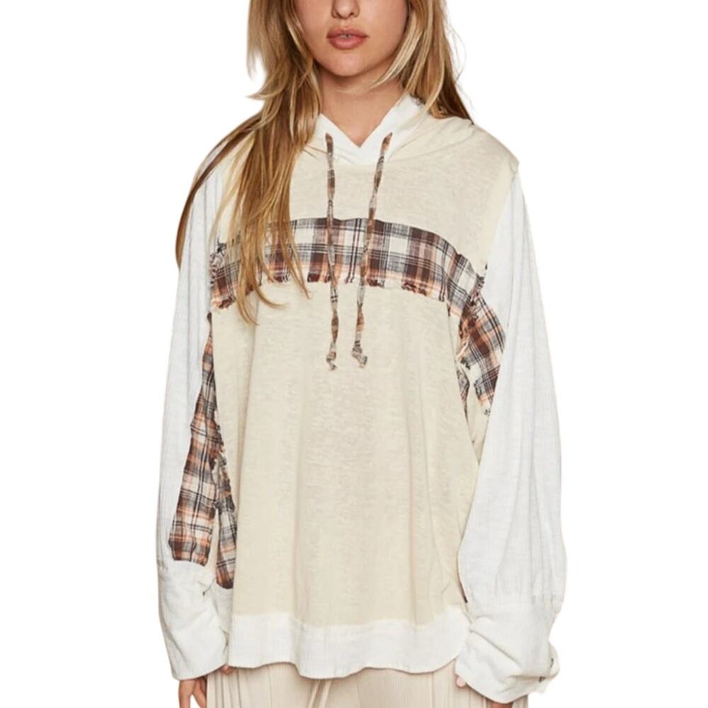 POL Plaid Contrast Hooded Top Cream Beige Small Boho Relaxed Hi Low